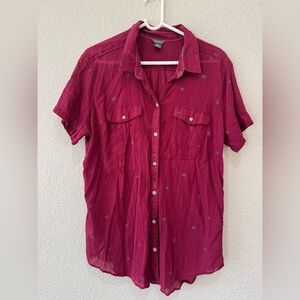 Eddie Bauer Women's Red Button Down Shirt dragonfly detail